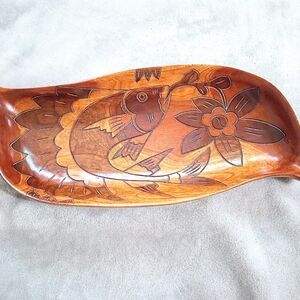 Lovely Vintage Wood Wooden Trough Bowl Fish Bird Floral From Haiti